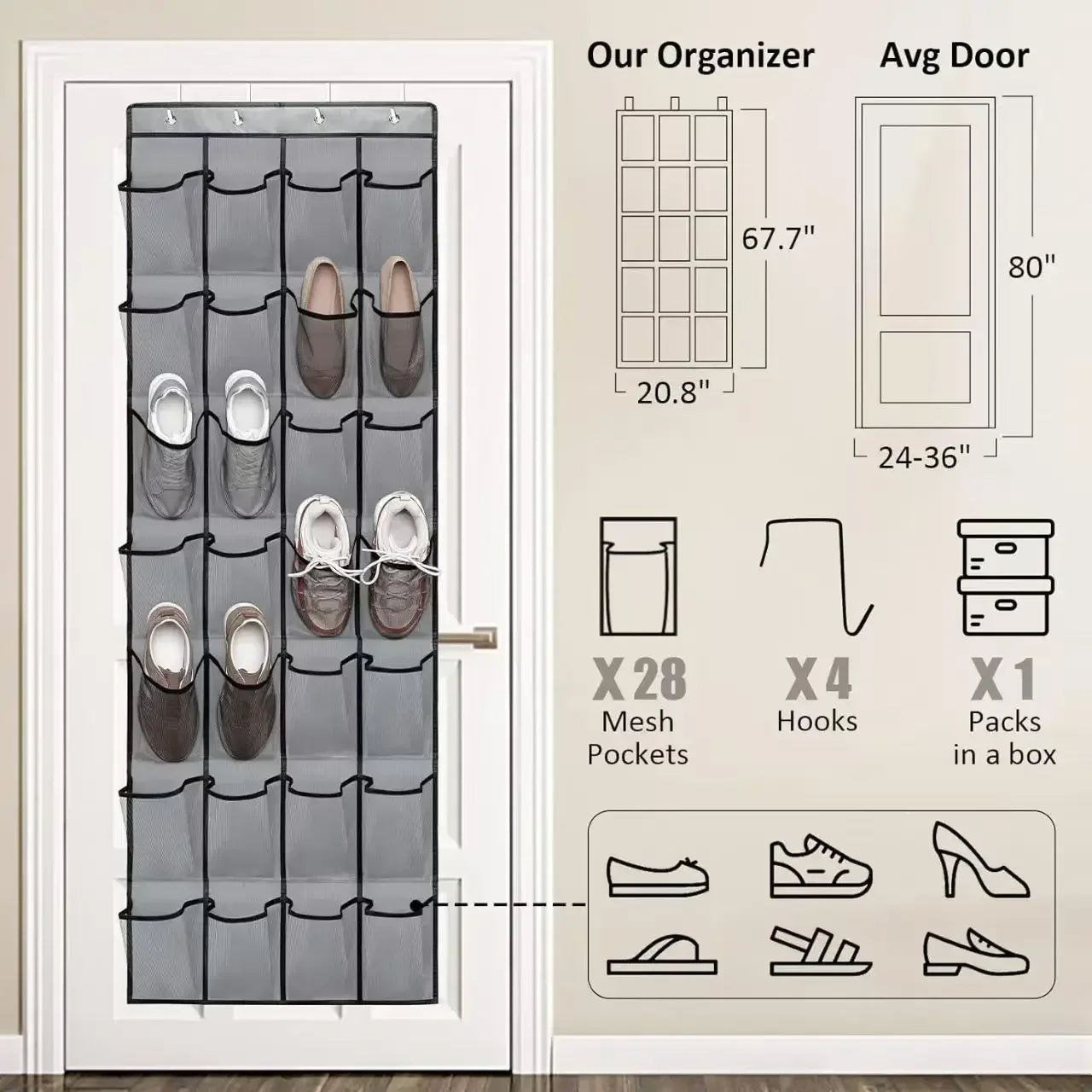 Over The Door Mesh Pocket Shoe Organizer Rack For Closet