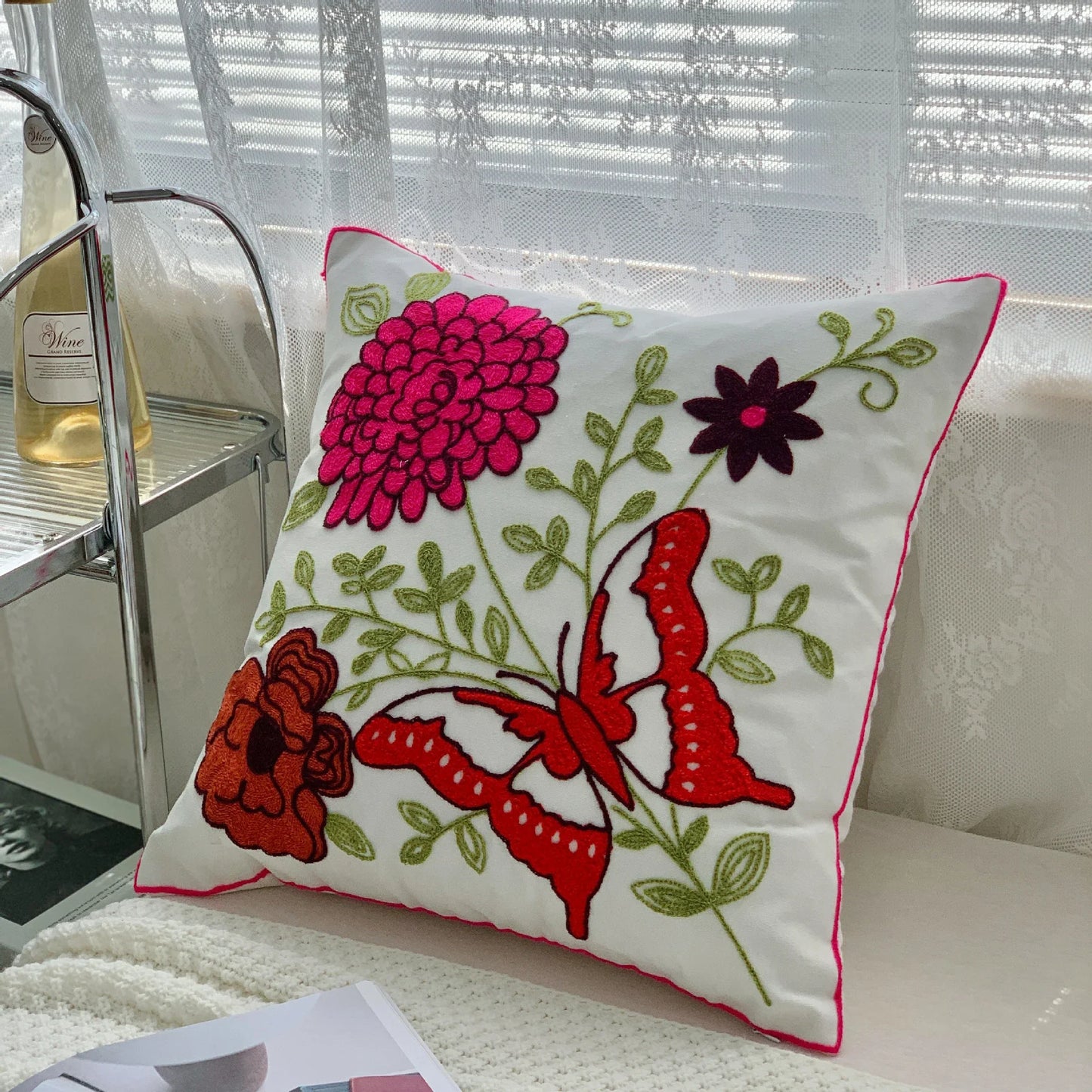 Ethnic Style Floral Embroidered Cotton Pillow Cover