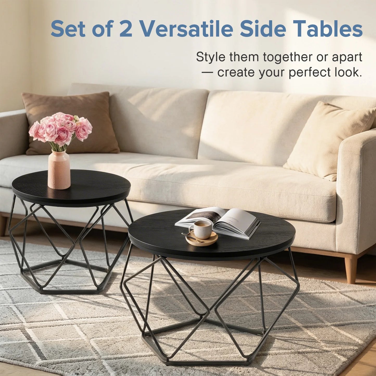 JHK Round Nesting Coffee Tables Metal Frame Storage Living Room