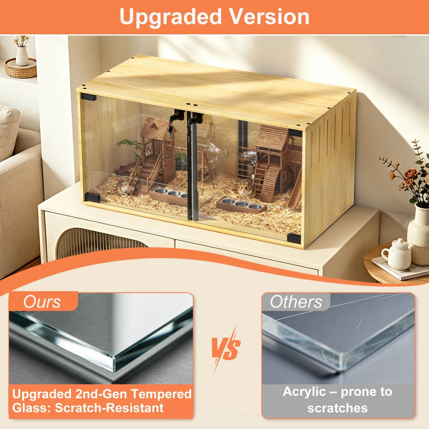 Wooden Small Animal Cage With Tempered Glass For Hamsters Mice