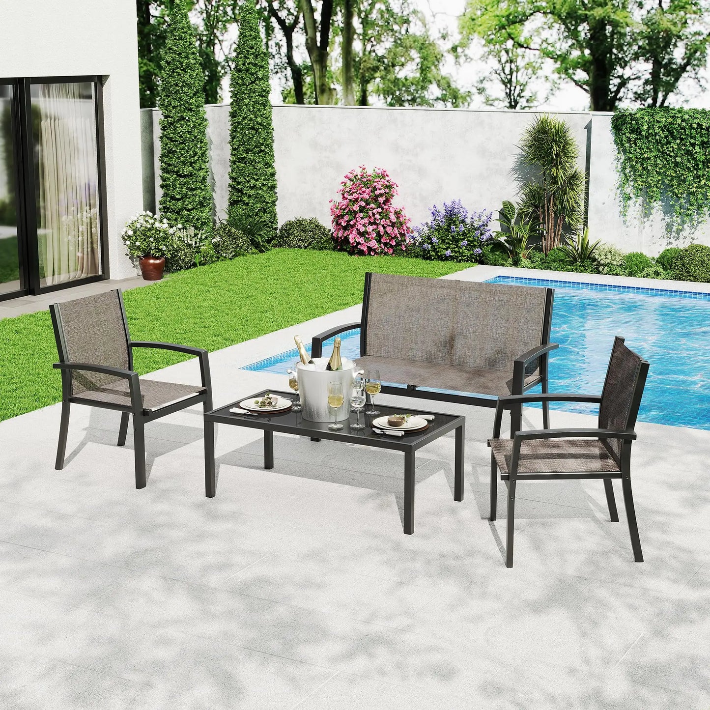 HobbyLane Modern 4 Piece Metal Patio Set With Mesh Table