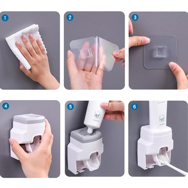 Automatic Toothpaste Dispenser And Wall Mount Toothbrush Holder Gadget