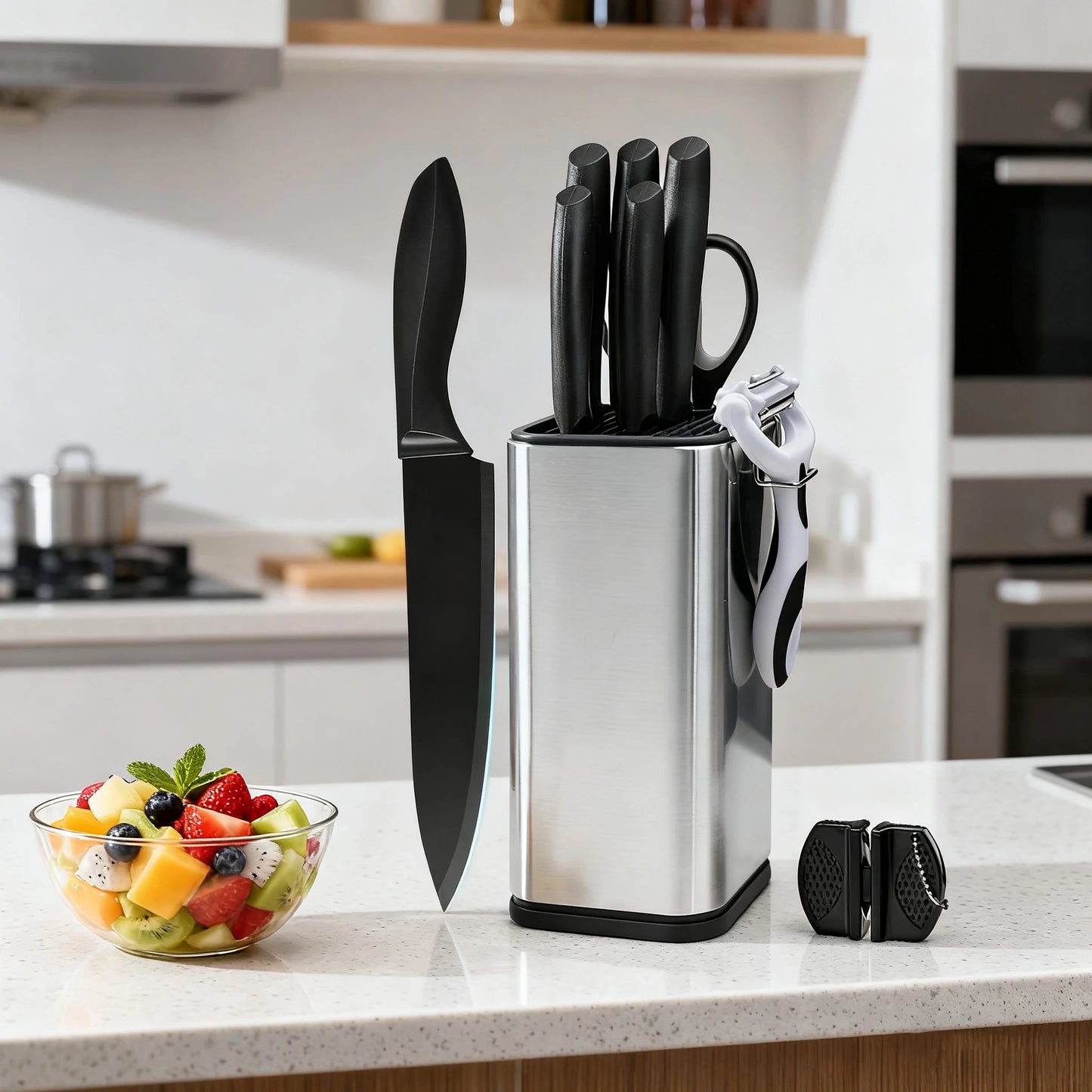 Stainless Steel Kitchen Knife Set With Universal Knife Block
