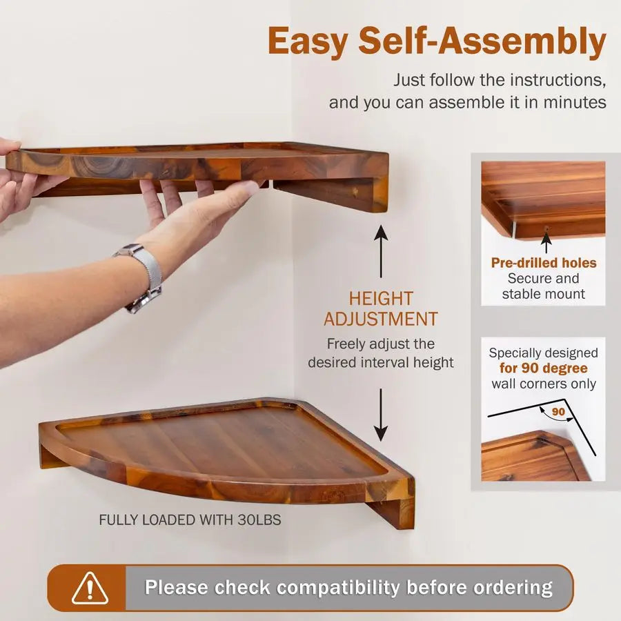 Floating Corner Shelves Wall Mount 2 Pack Acacia Wood
