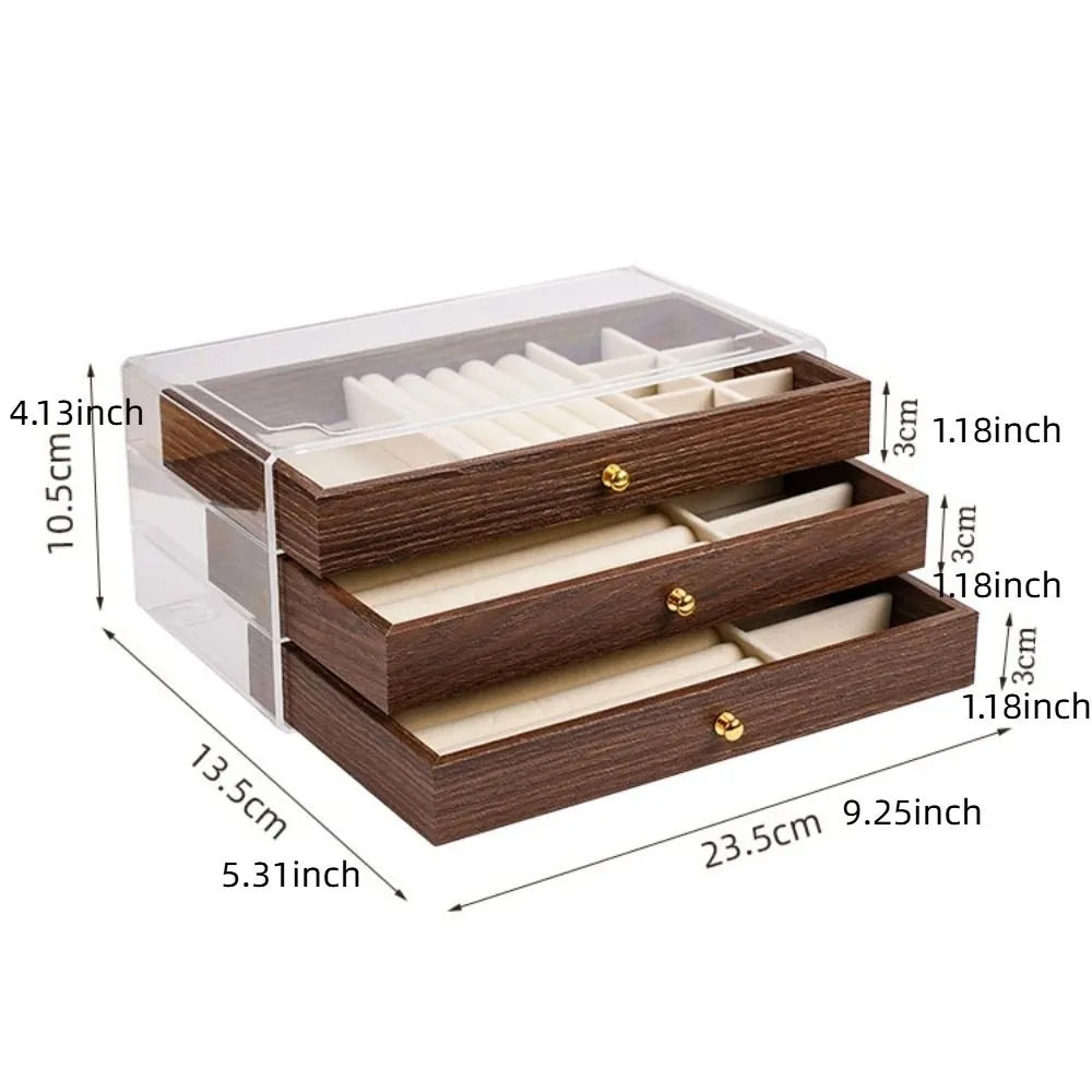 Multi Layer Wooden Jewelry Box With Transparent Window Organizer