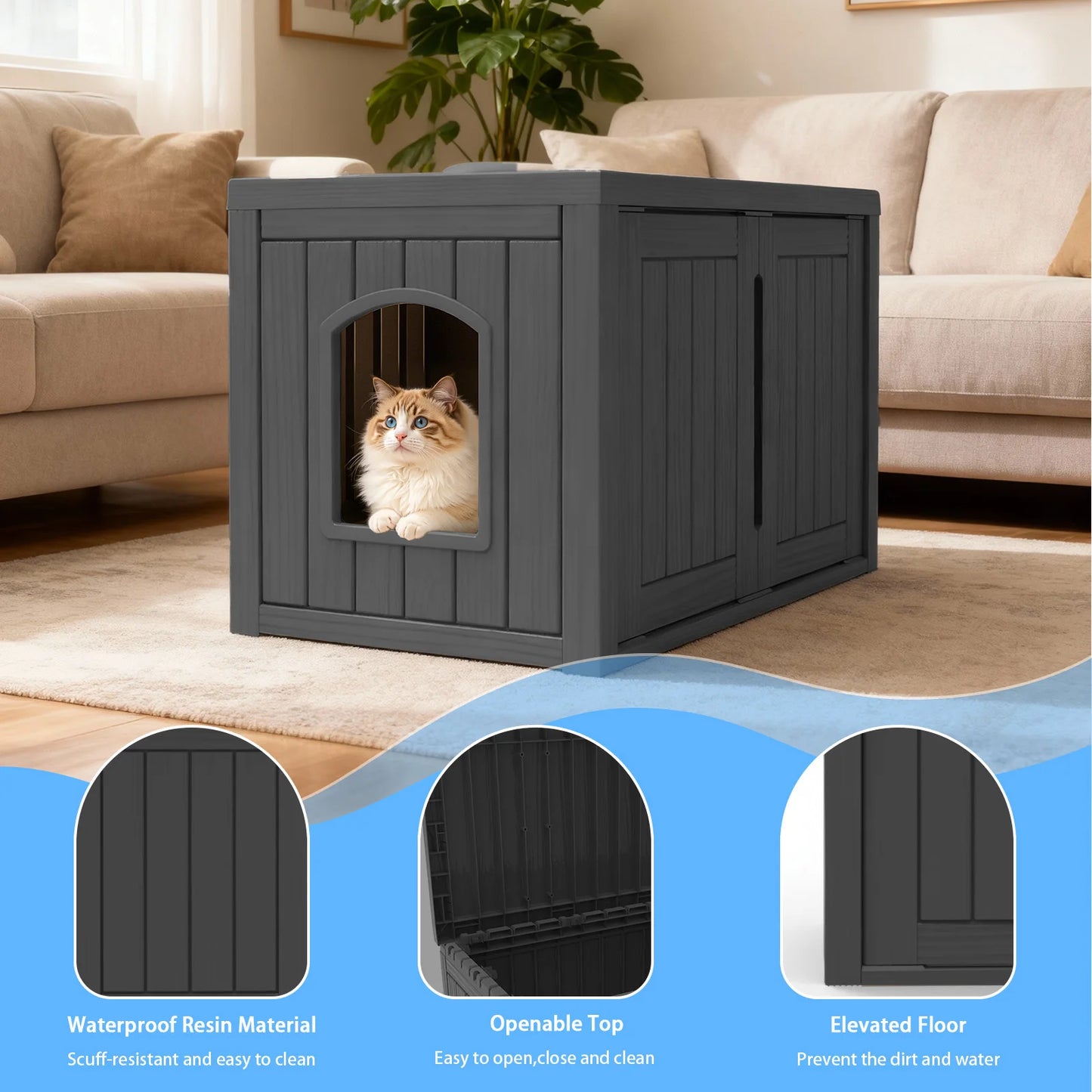 Indoor Outdoor Resin Cat House Weatherproof Double Doors Lounge Top