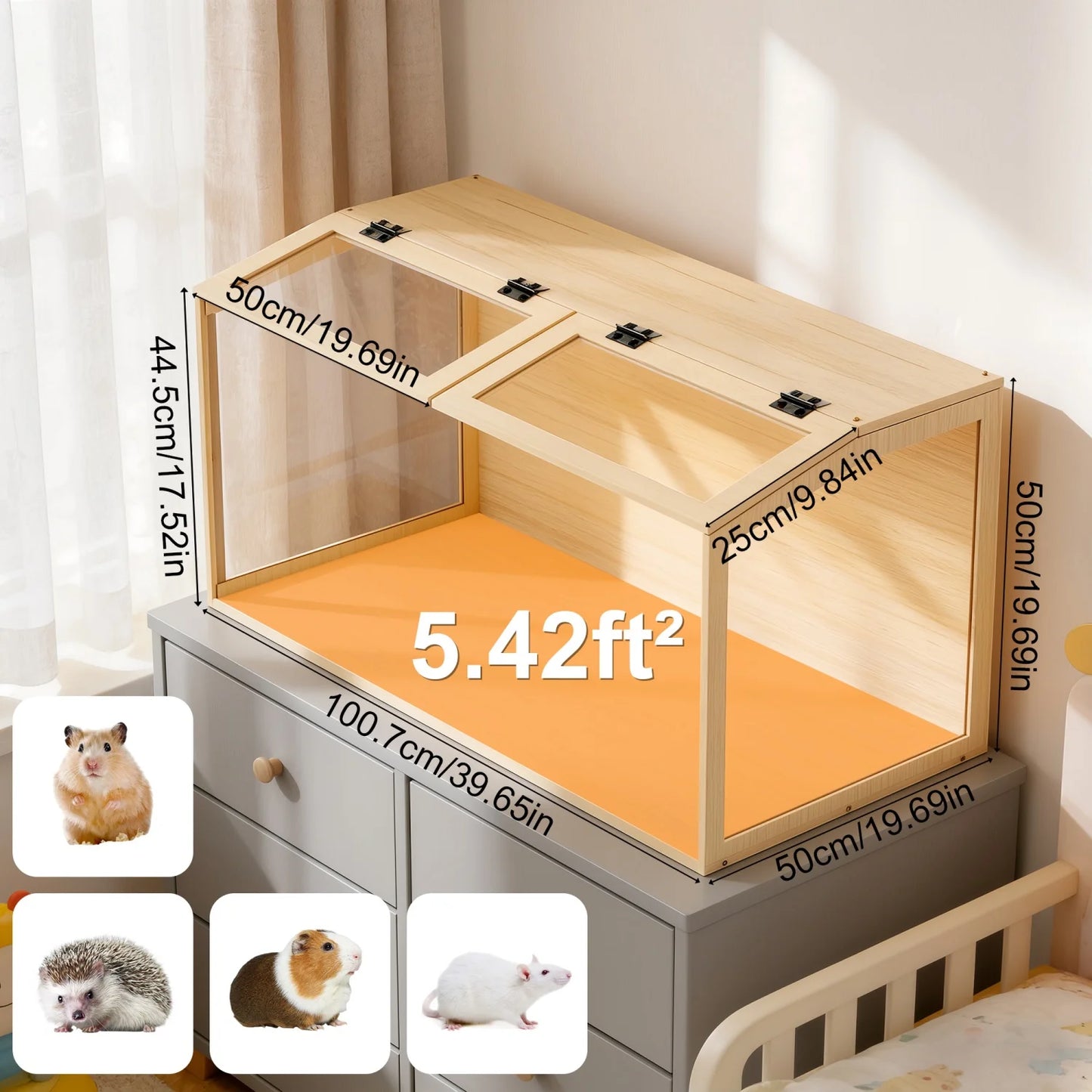 Wooden Hamster Guinea Pig Cage Tempered Glass Led Light Habitat