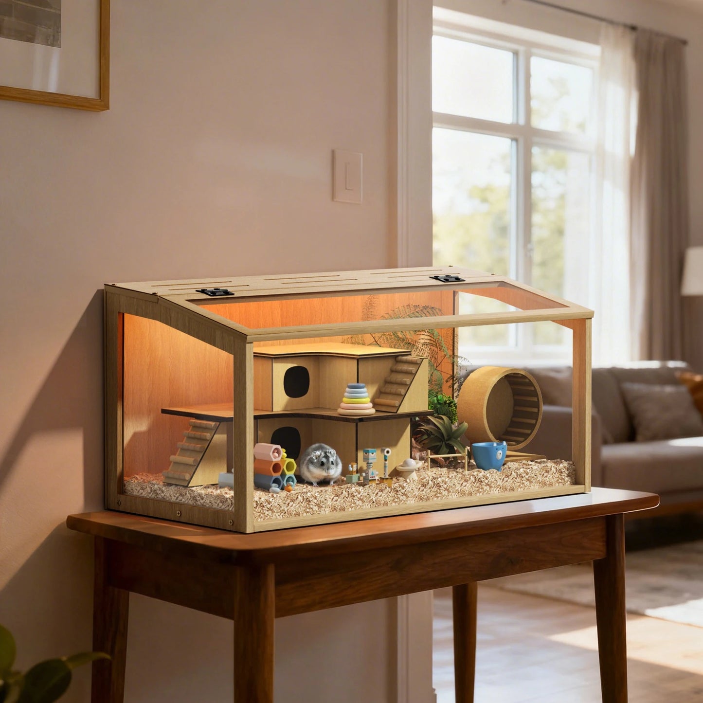 Wooden Hamster Cage With Built In Light For Small Pets