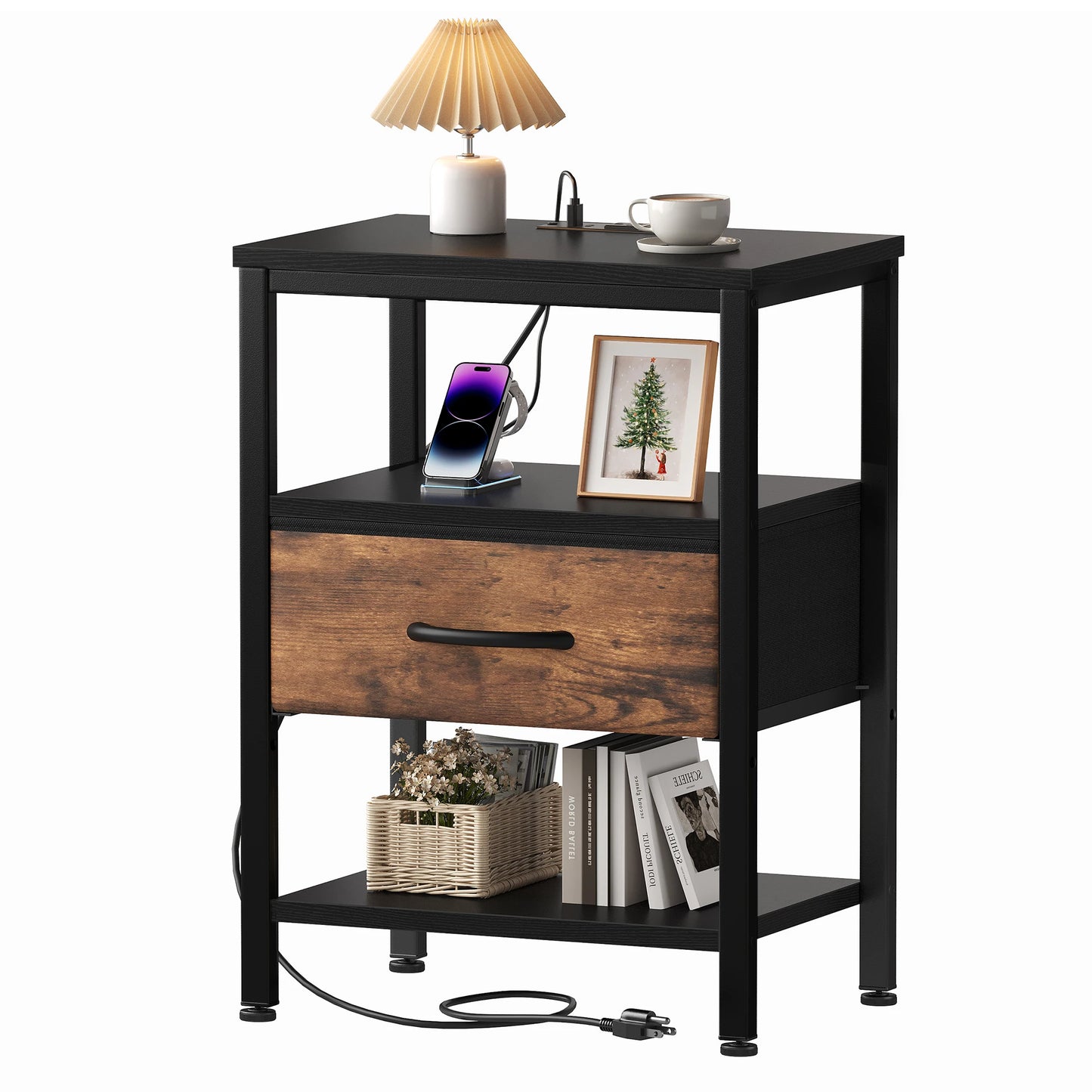 MCQ Nightstand 1 Fabric Drawers with LED Light Strip Cabinets Bedside End Table Storage With Charging Station for Home Furniture