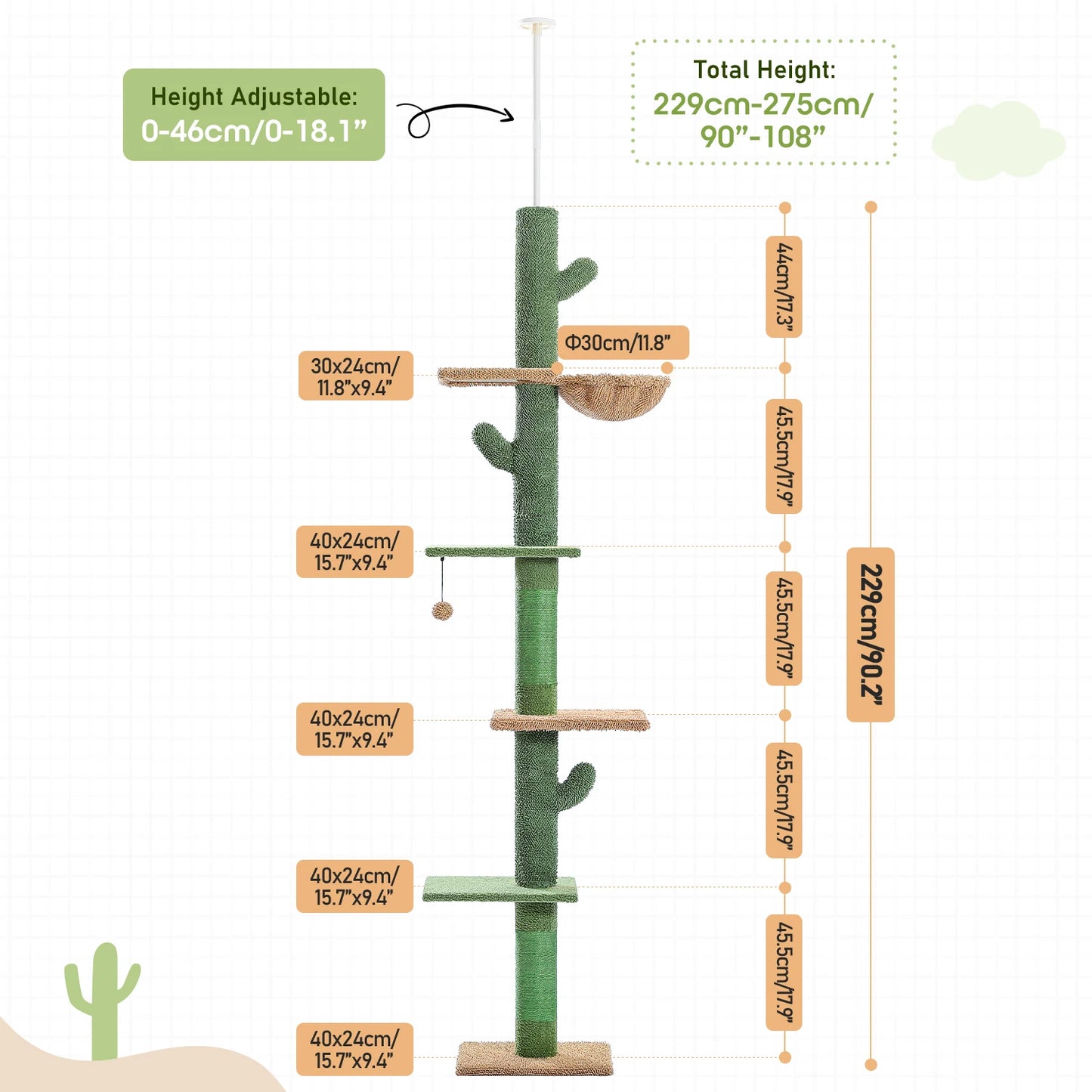 Pequlti Cactus Cat Tree Floor To Ceiling Sisal Scratching Post