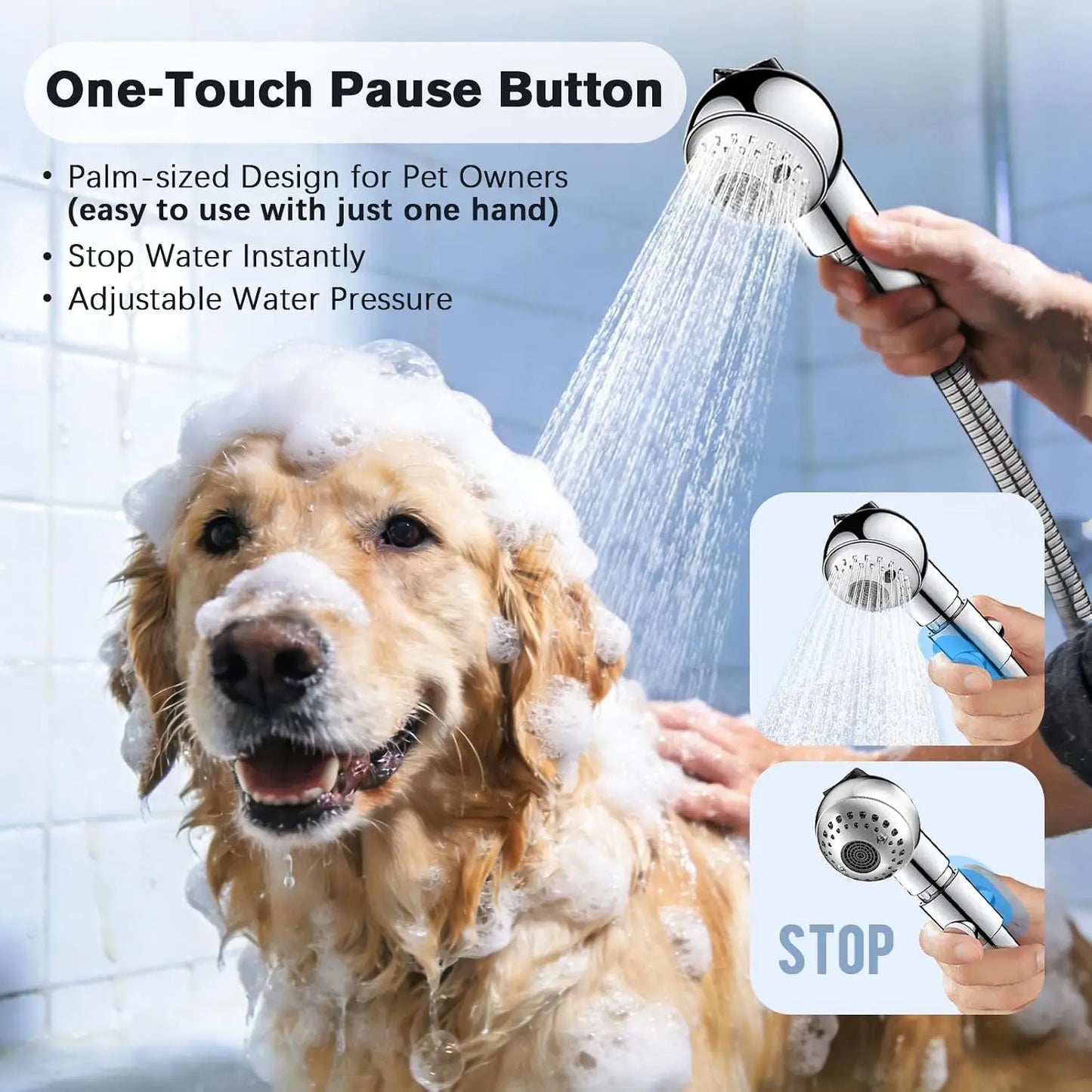 Pet Shower Attachment With One-Button Pause For Nervous Pets
