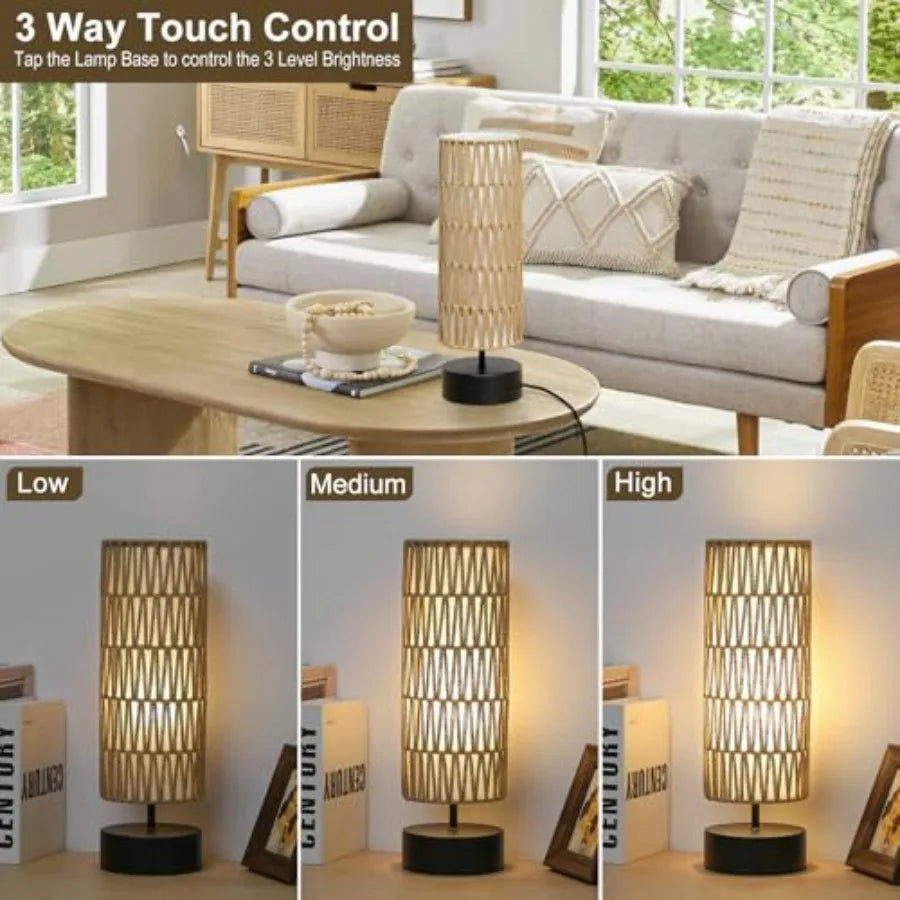 Rattan Table Lamp With Touch Control 3-Way Dimmable Bedside