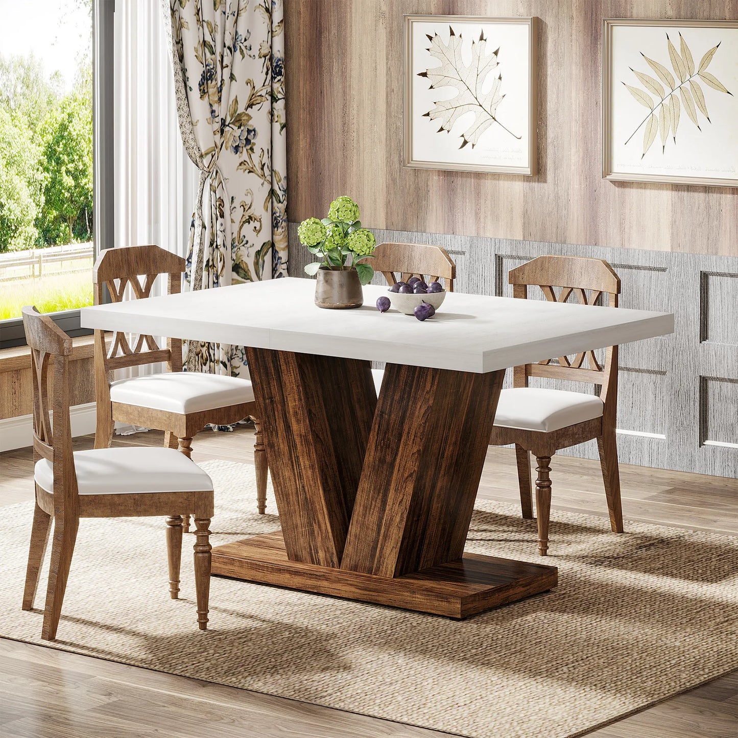 Tribesigns Farmhouse Wooden Dining Table With Heavy Duty Pedestal Kitchen, No Chairs