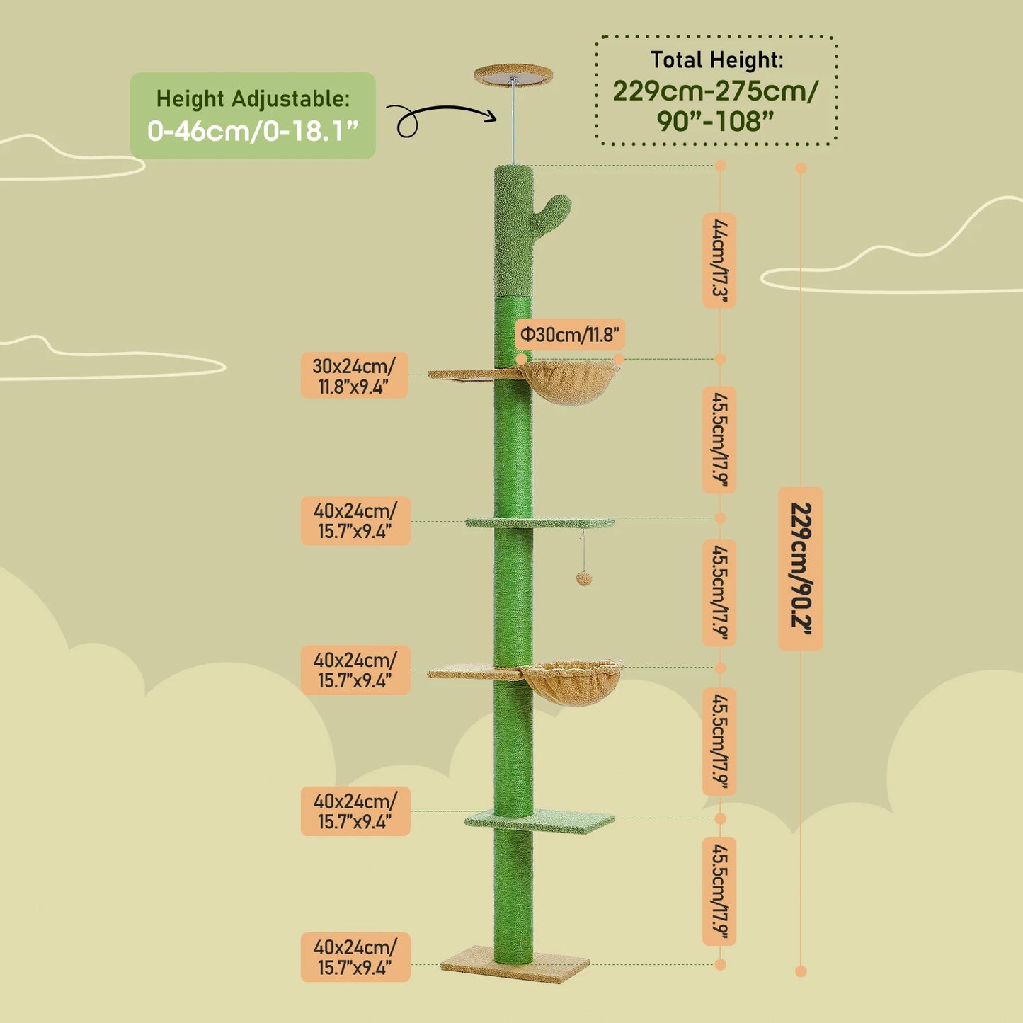Pequlti Cactus Cat Tree Floor To Ceiling Sisal Scratching Post