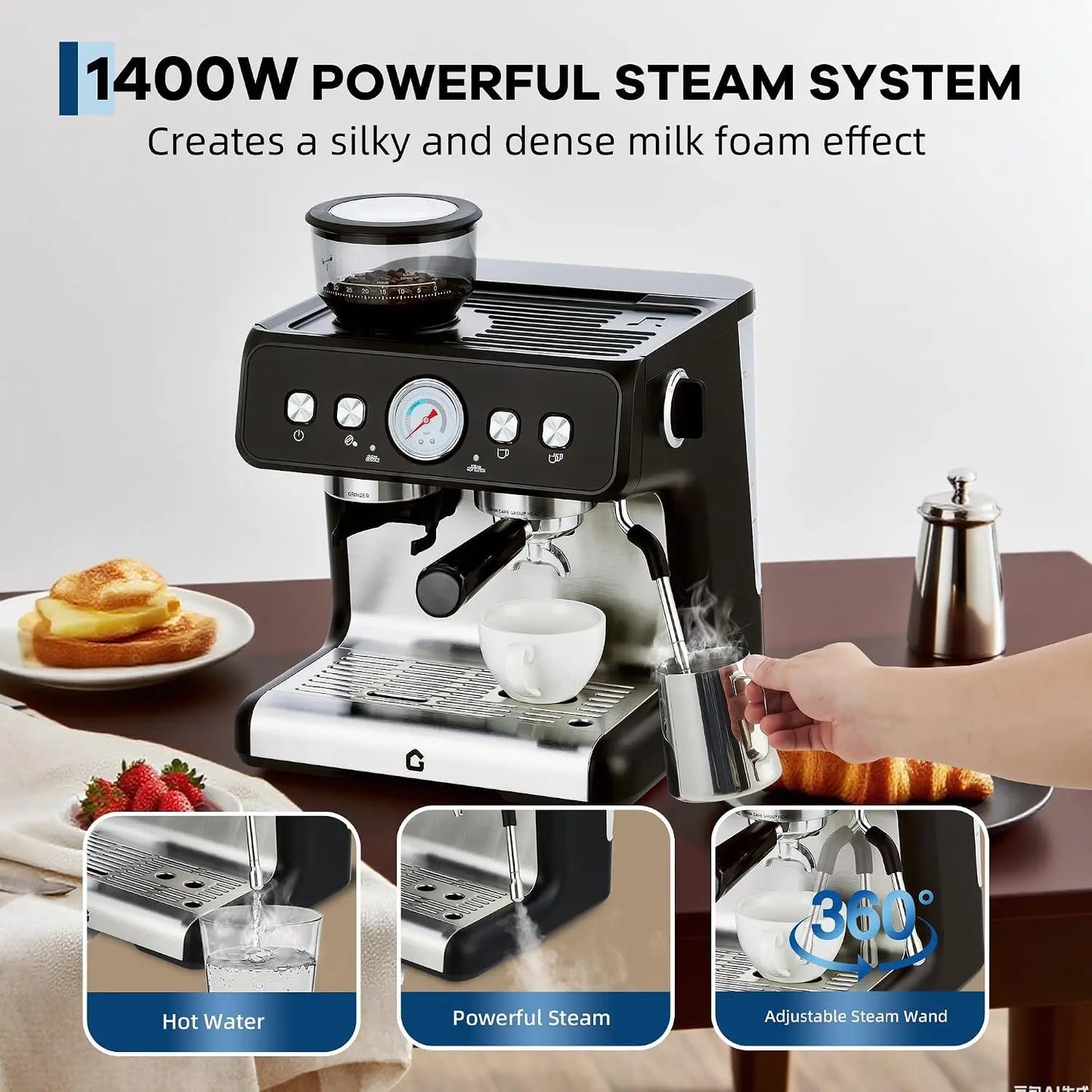 HiMISS Espresso Machine With Integrated Grinder 20 Bar