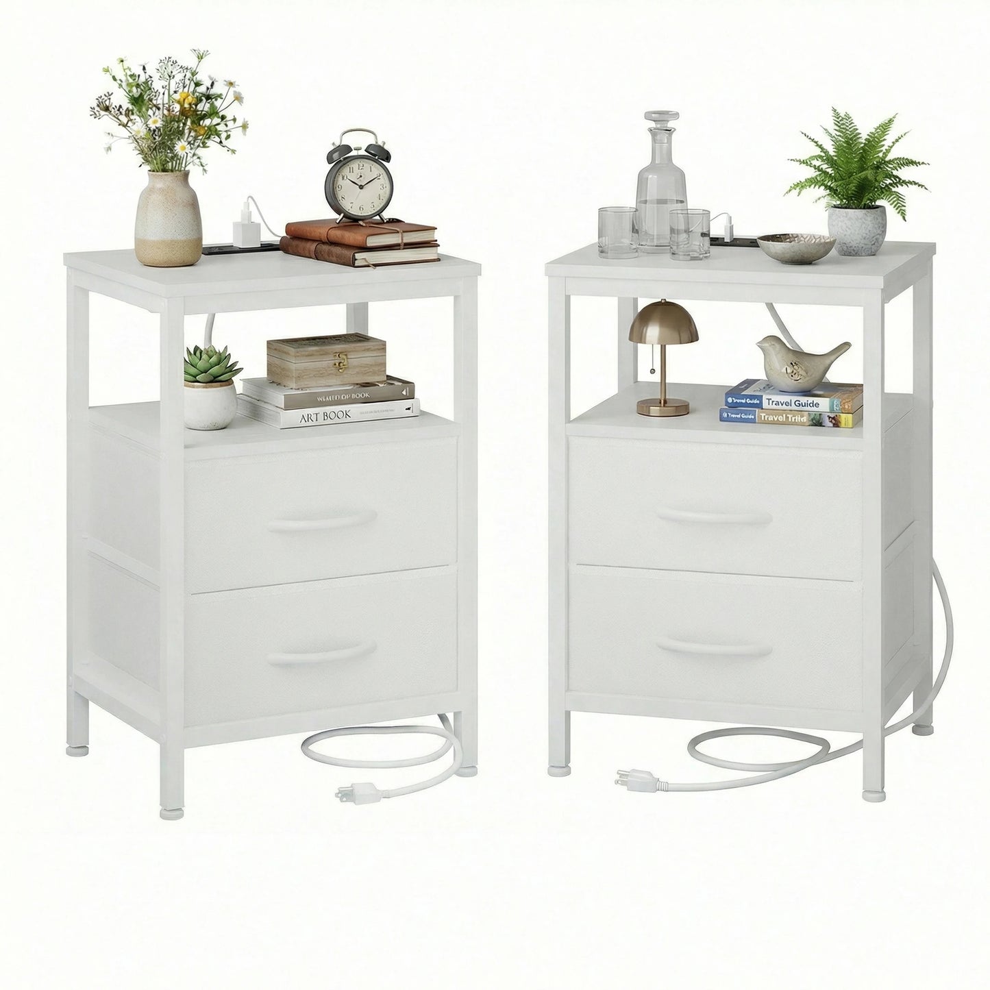 JHK 2 Fabric Drawers Nightstands Set of 2 with Open Shelf Bedside Table with USB Ports Charging Station for Living Room Bedroom