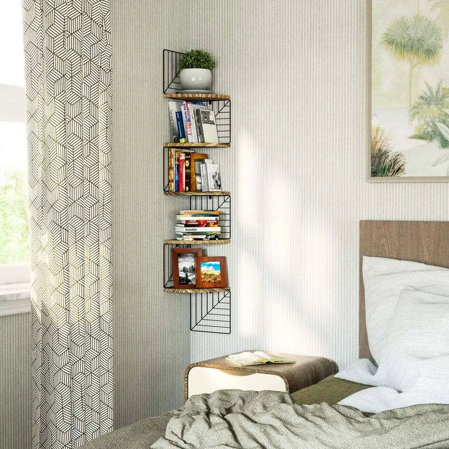 Rustic Wood Corner Wall Shelf With Zigzag Brackets