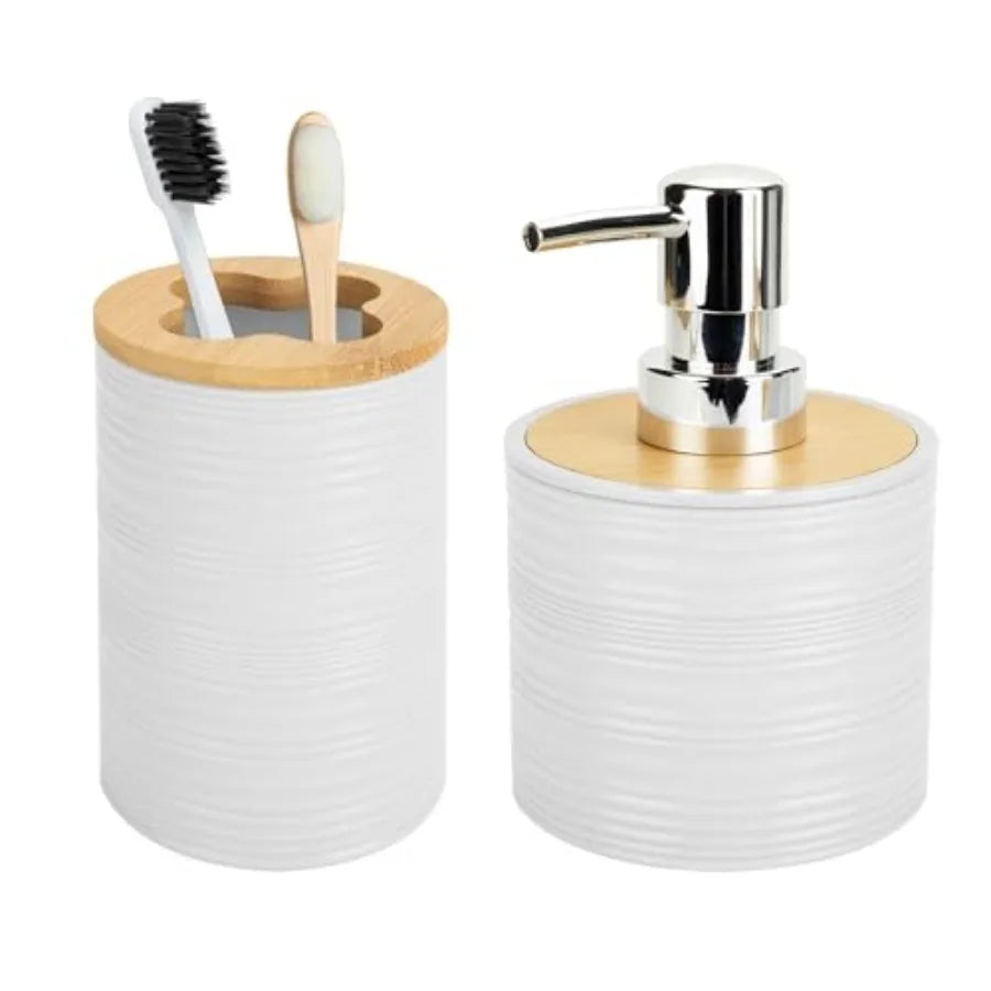 Bohemian Bamboo Bathroom Accessories Set Soap Dispenser And Toothbrush Holder