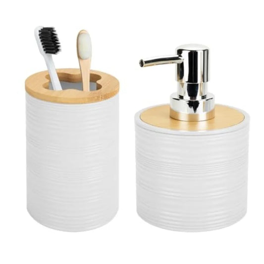 Bohemian Bamboo Bathroom Accessories Set Soap Dispenser And Toothbrush Holder