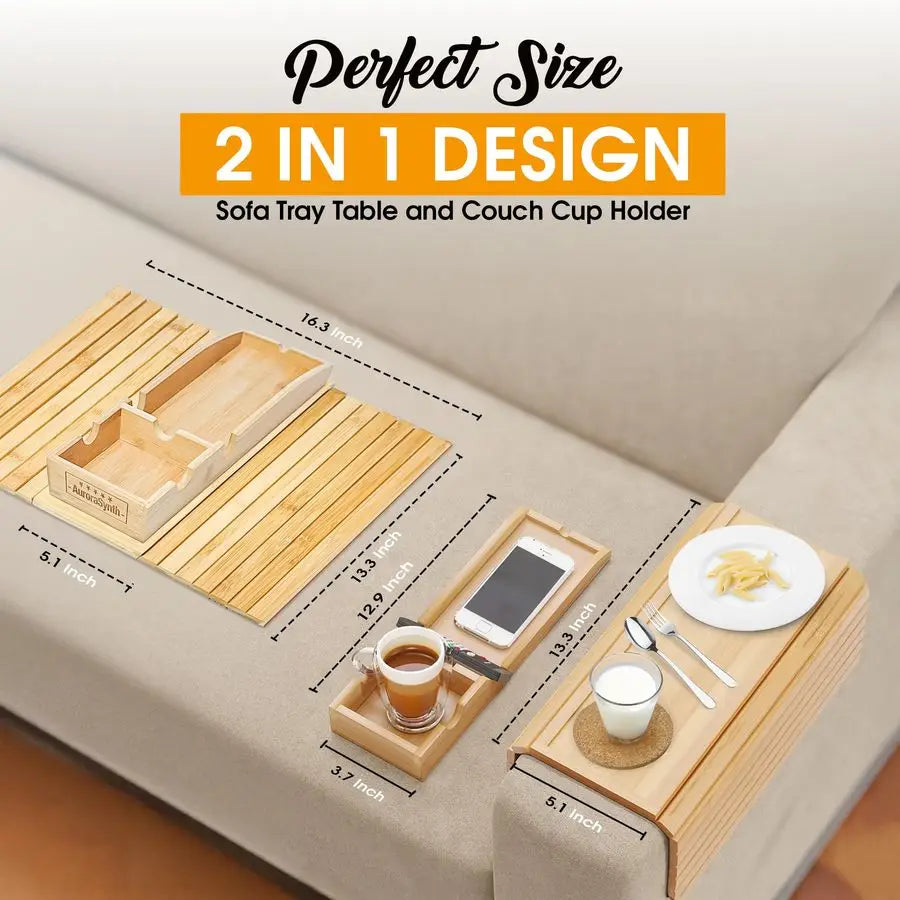 Bamboo Couch Armrest Tray With Cup Holder And Coasters