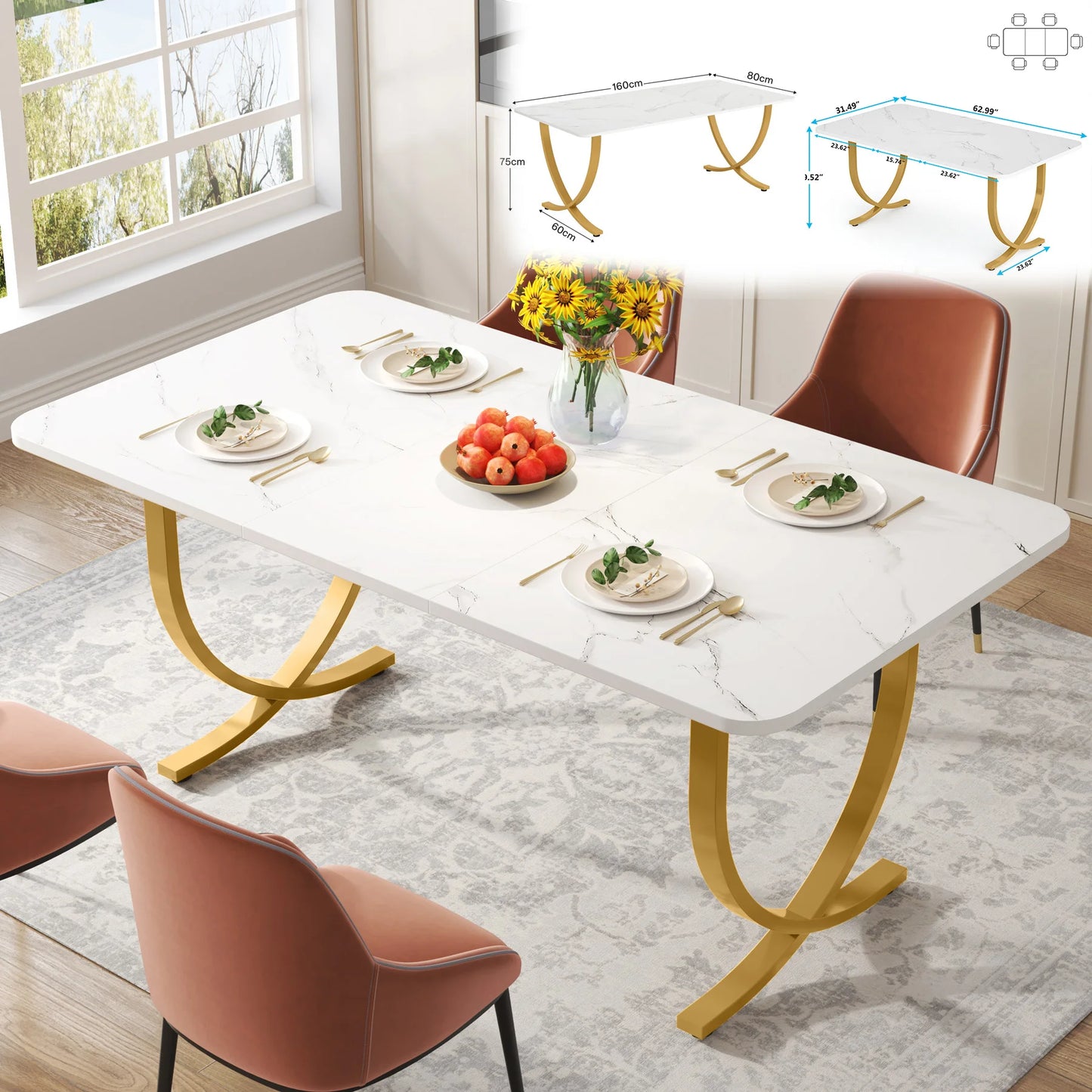Tribesigns Modern Rectangular Dining Table With Marble Finish Top, No Chairs