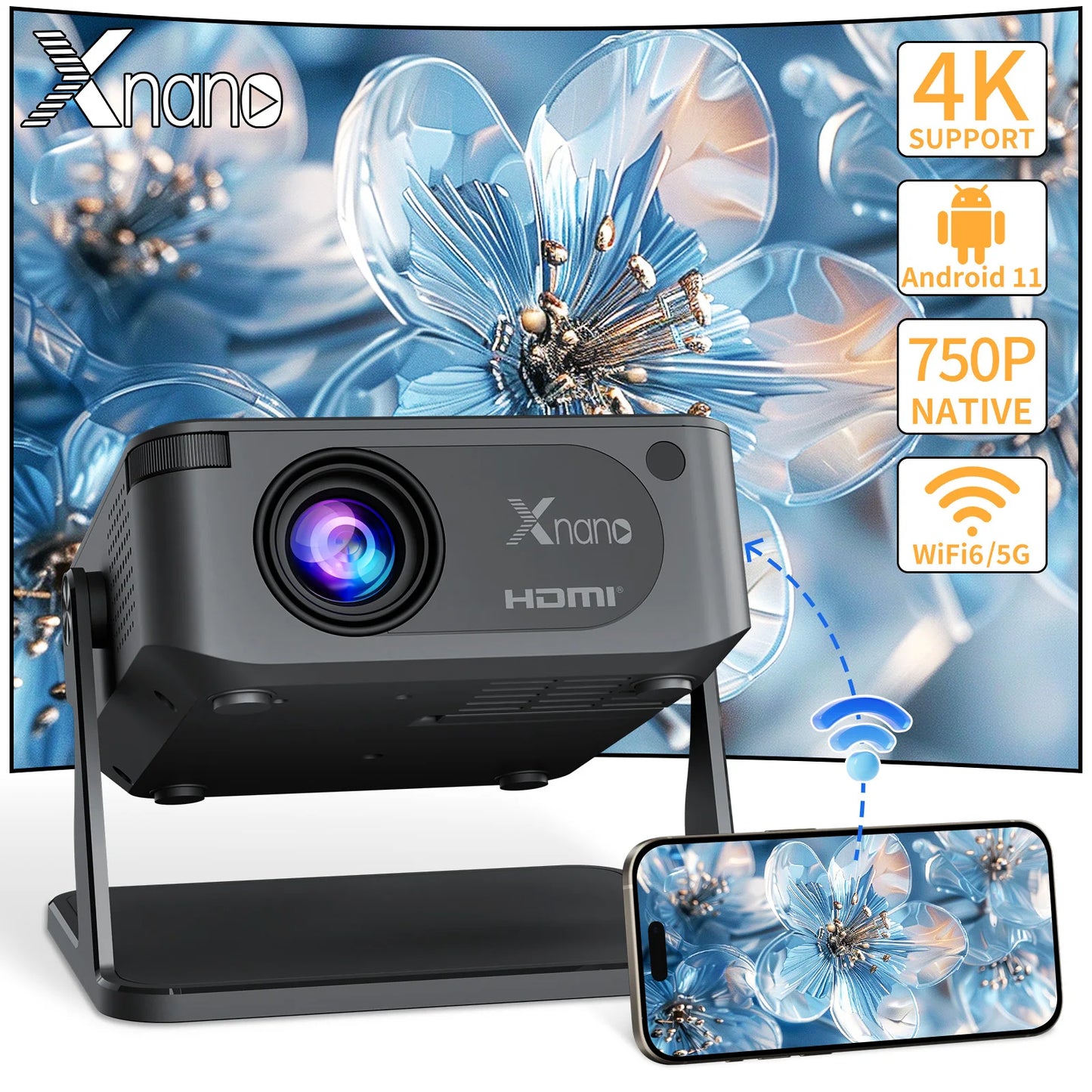 XNANO Mini Smart Projector 720P Native, 4K Decoding, WiFi 6