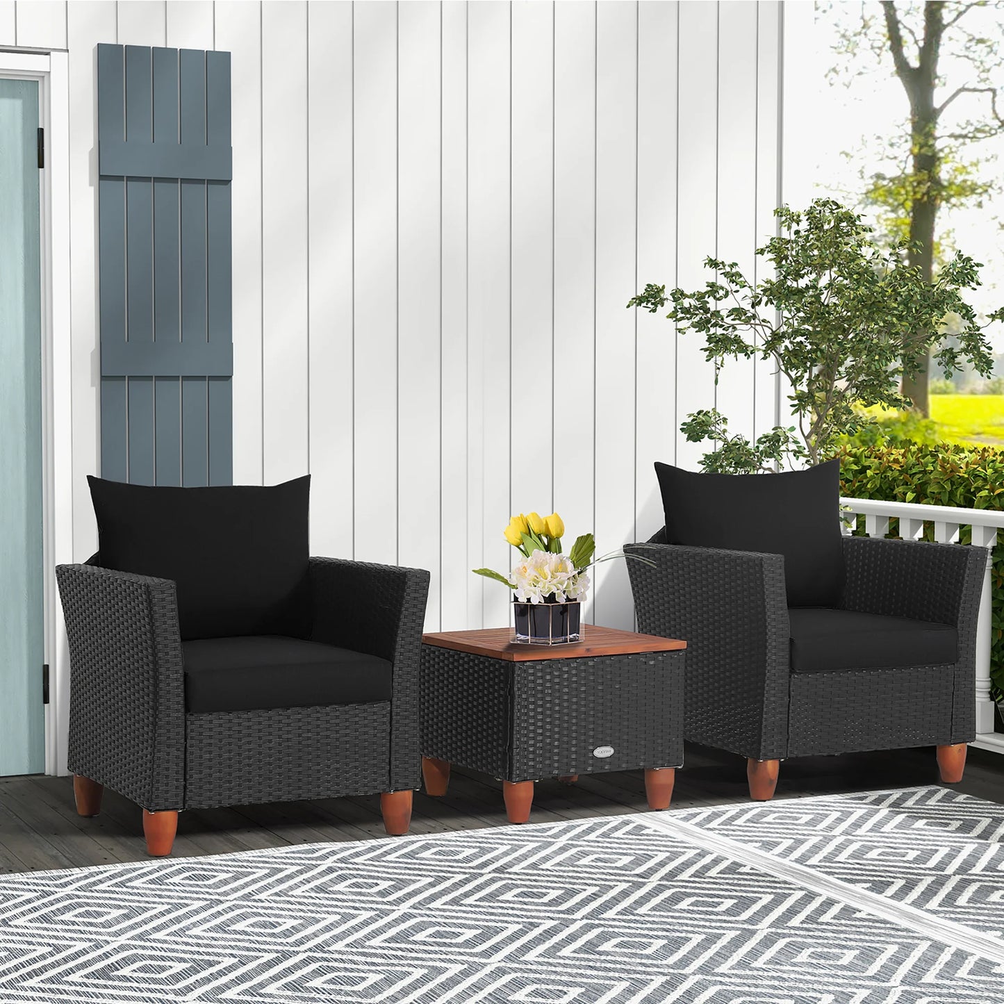 HOMASIS 3 Piece Patio Rattan Sofa Storage Table Wood Top