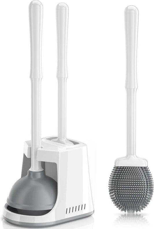 2-In-1 Toilet Plunger And Silicone Brush Set With Ventilated Holder