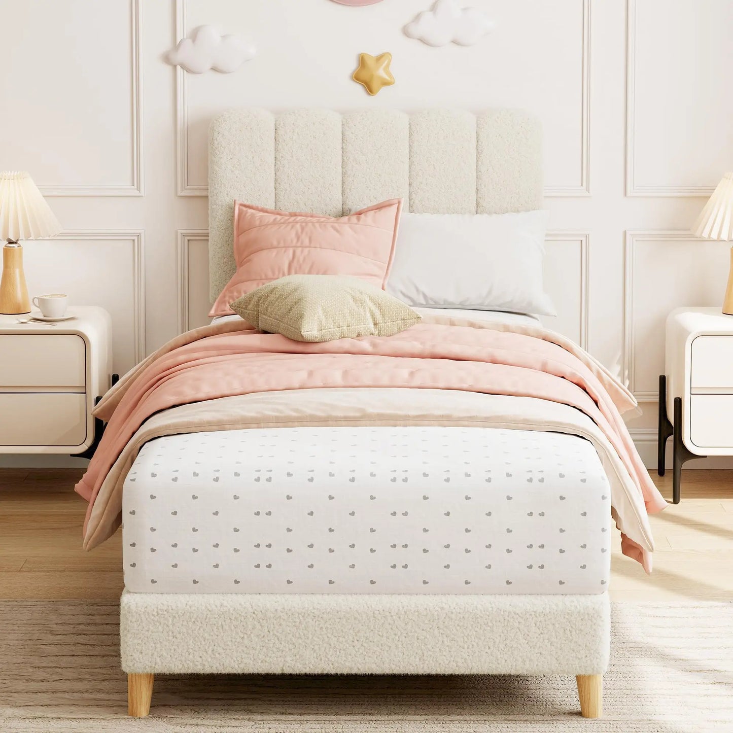 Twin Bed Frame, Upholstered Platform Bed with Wave Headboard for Girls/Kids, Easy Assembly, Wooden Slats Support, No Box Spring Needed