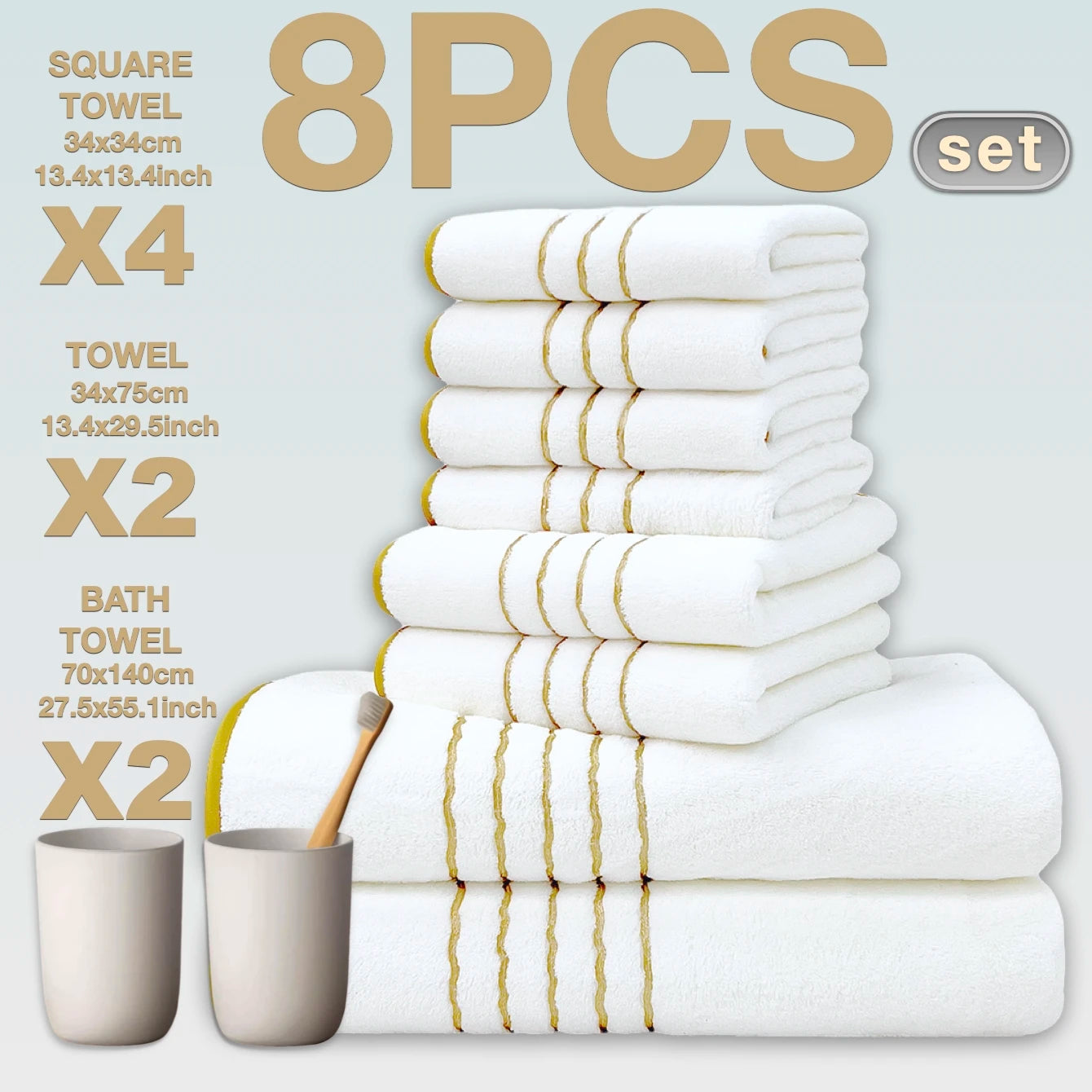 White Gray Bath Towel Set With Gold Accents Absorbent
