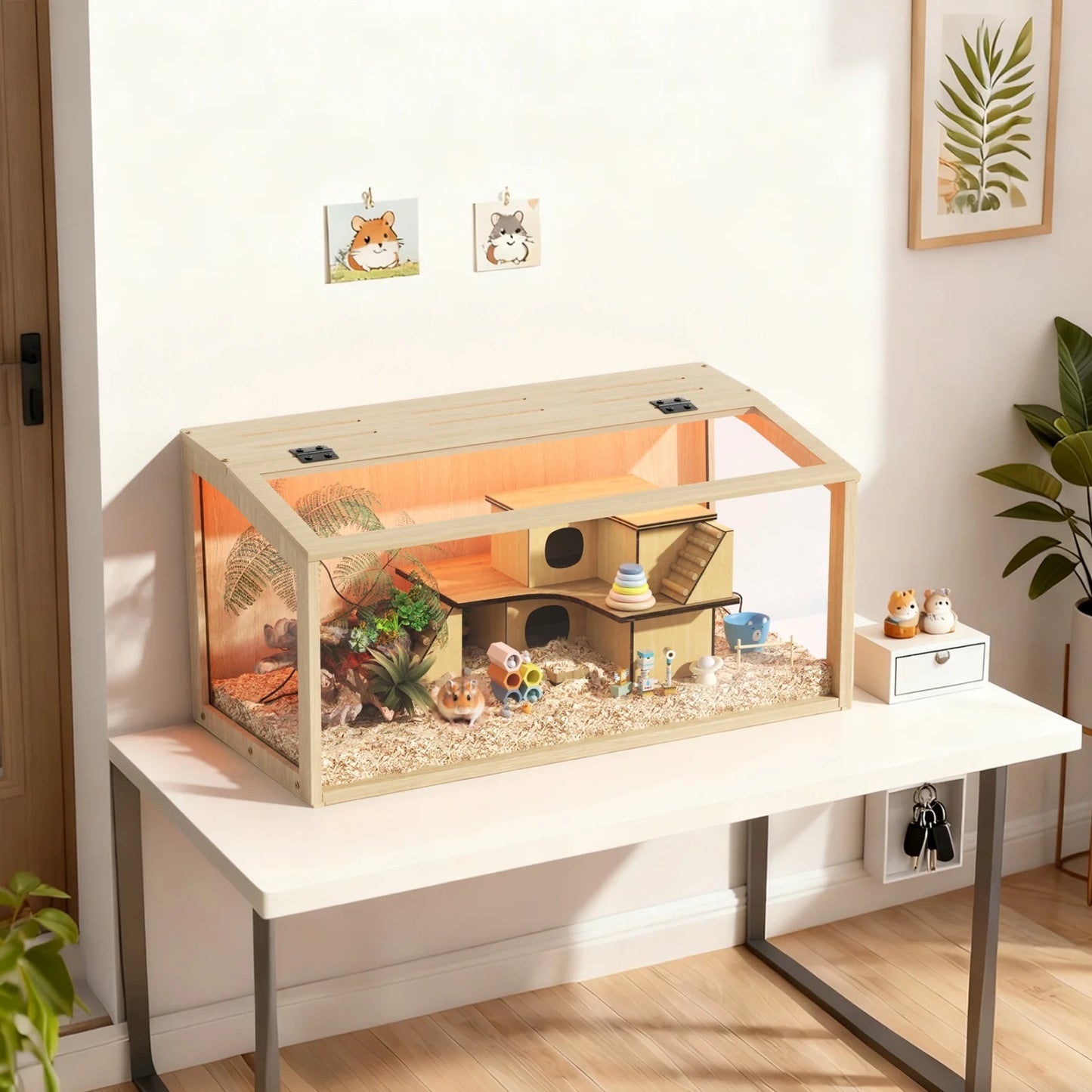 Wooden Hamster Guinea Pig Cage Tempered Glass Led Light Habitat