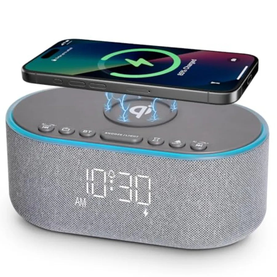 Wireless Charging Alarm Clock Radio With Qi Fast Charger 10W Dimmable Speaker