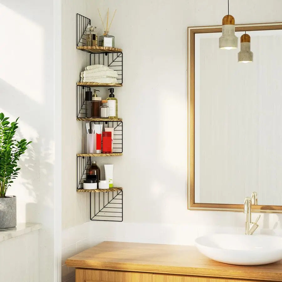 Rustic Wood Corner Wall Shelf With Zigzag Brackets