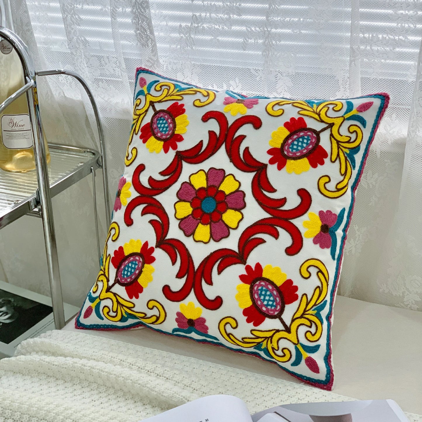 Ethnic Style Floral Embroidered Cotton Pillow Cover