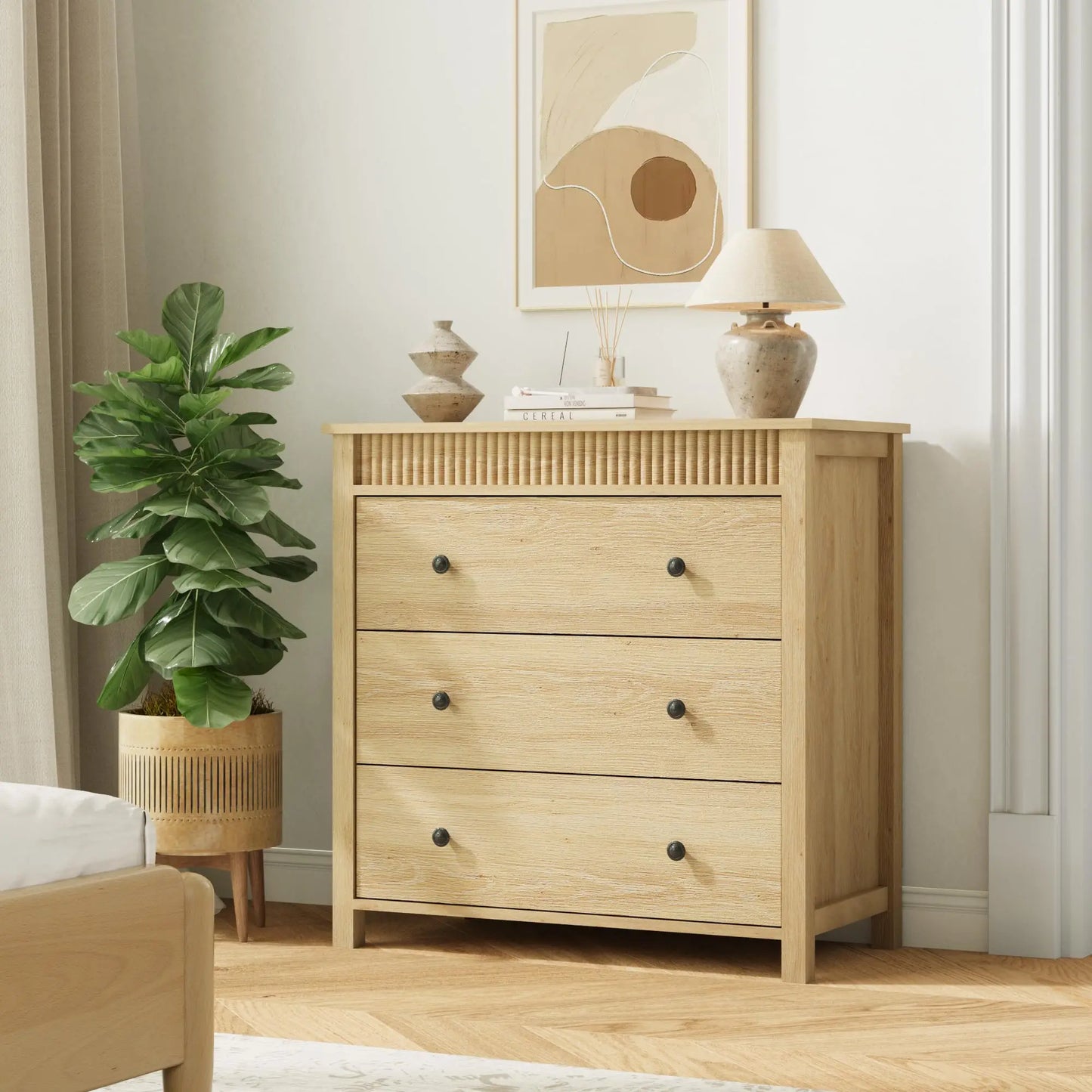 31.5 Inch Fluted Nightstand With 3 Drawers, Natural Oak Finish Wood Bedside Table, Large Modern End Table For Bedroom Storage
