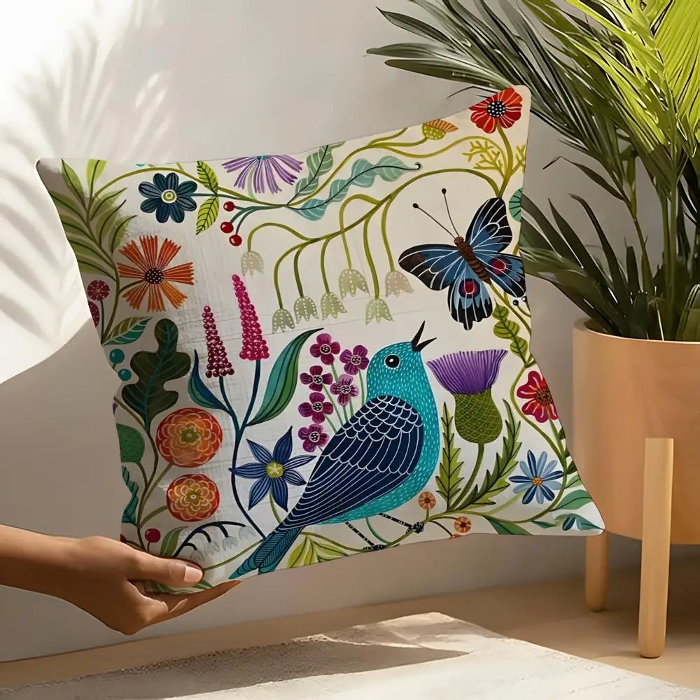 Butterfly Bird And Flower Print Pillow Case Linen Cushion Cover