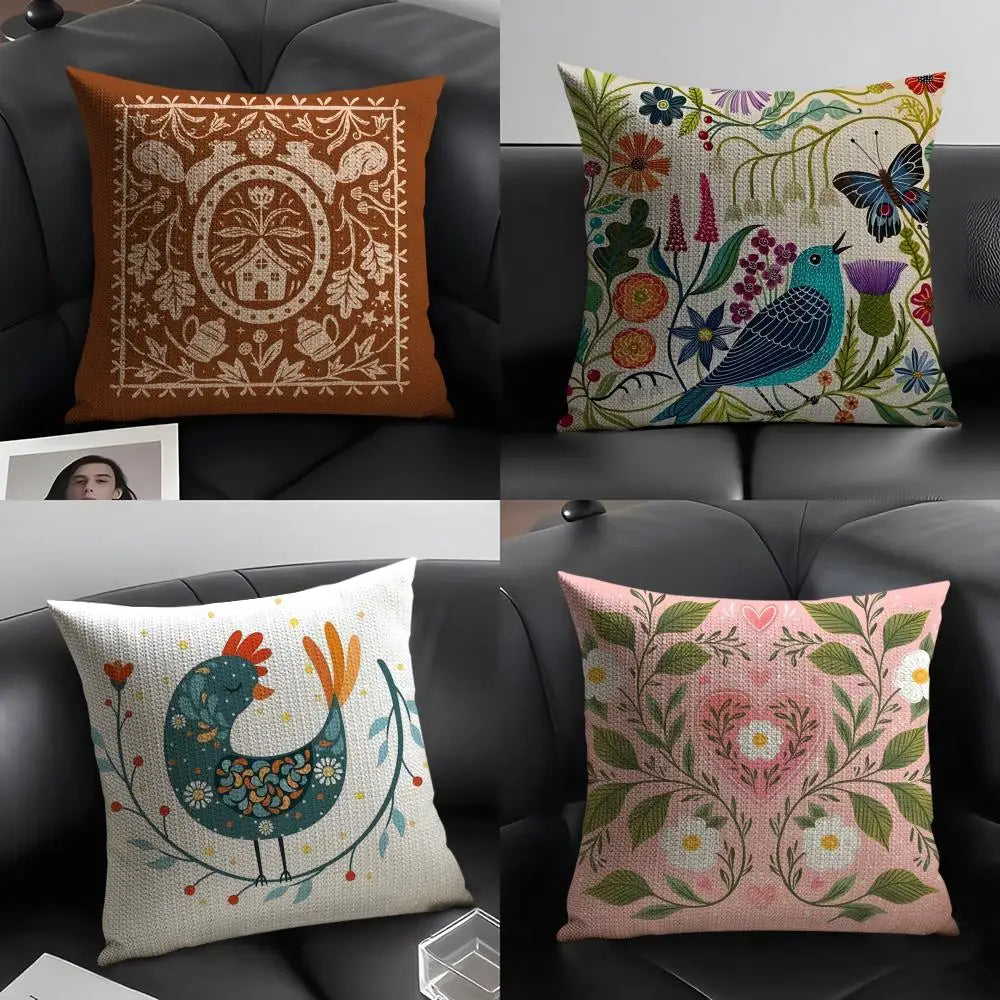 Butterfly Bird And Flower Print Pillow Case Linen Cushion Cover