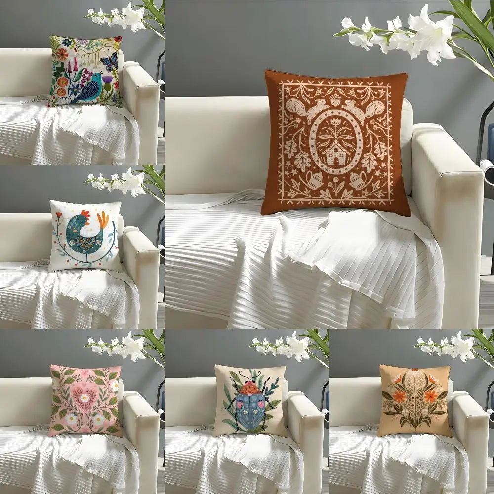 Butterfly Bird And Flower Print Pillow Case Linen Cushion Cover