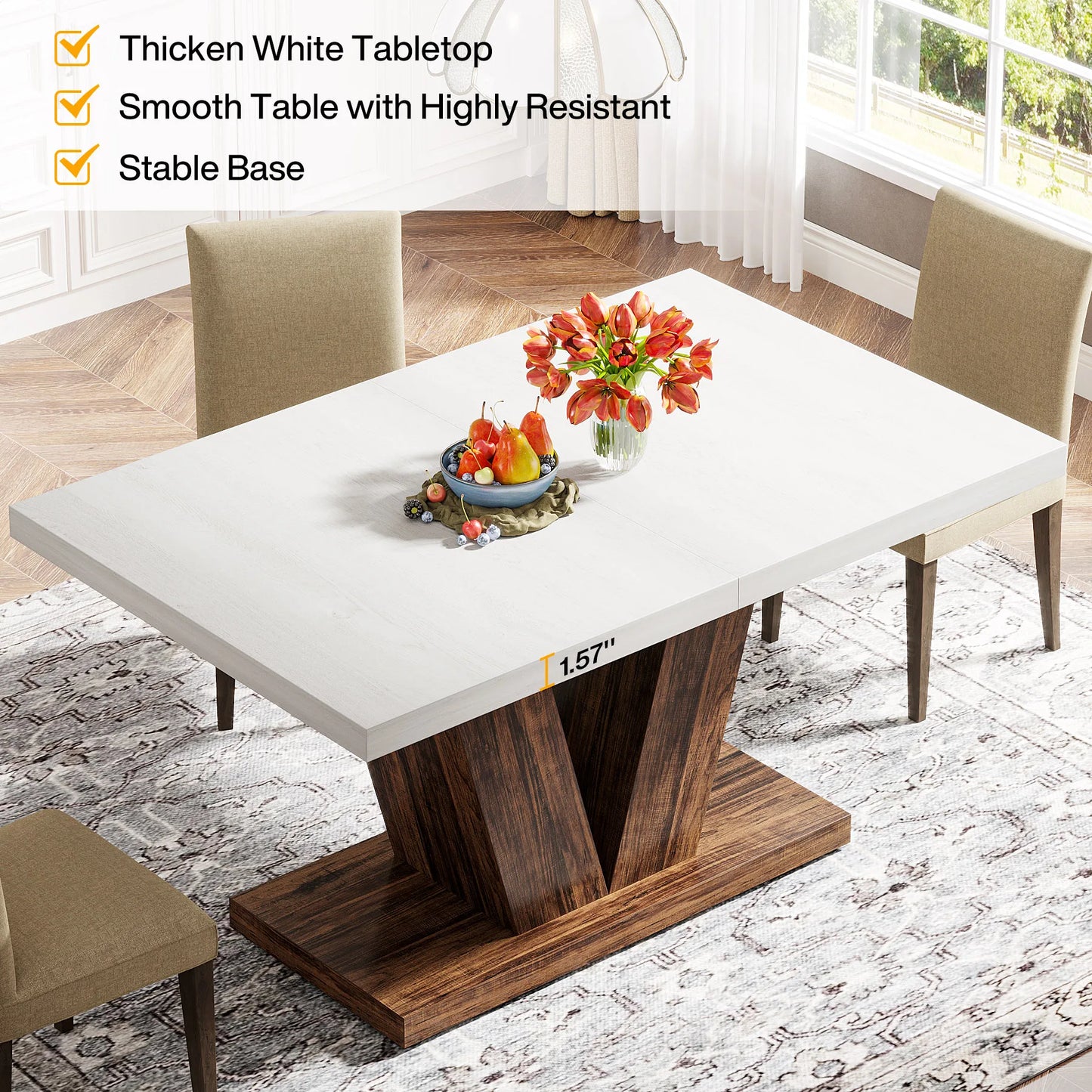 Tribesigns Farmhouse Wooden Dining Table With Heavy Duty Pedestal Kitchen, No Chairs
