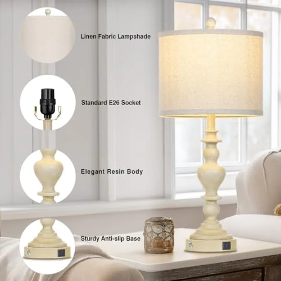 Farmhouse Table Lamps Set of 2 With USB A and C Ports