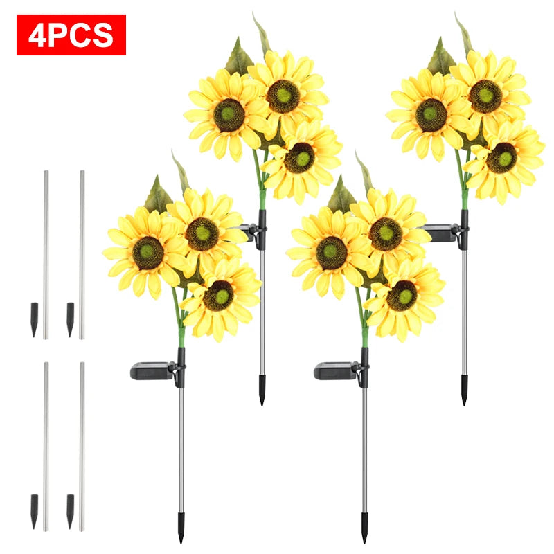 FAMCDC Solar Powered Sunflower 3 Head Ground Lamp for Garden