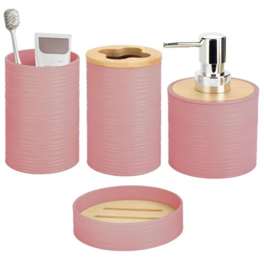 Bamboo Bathroom Accessories Set 4 Piece With Soap Dispenser
