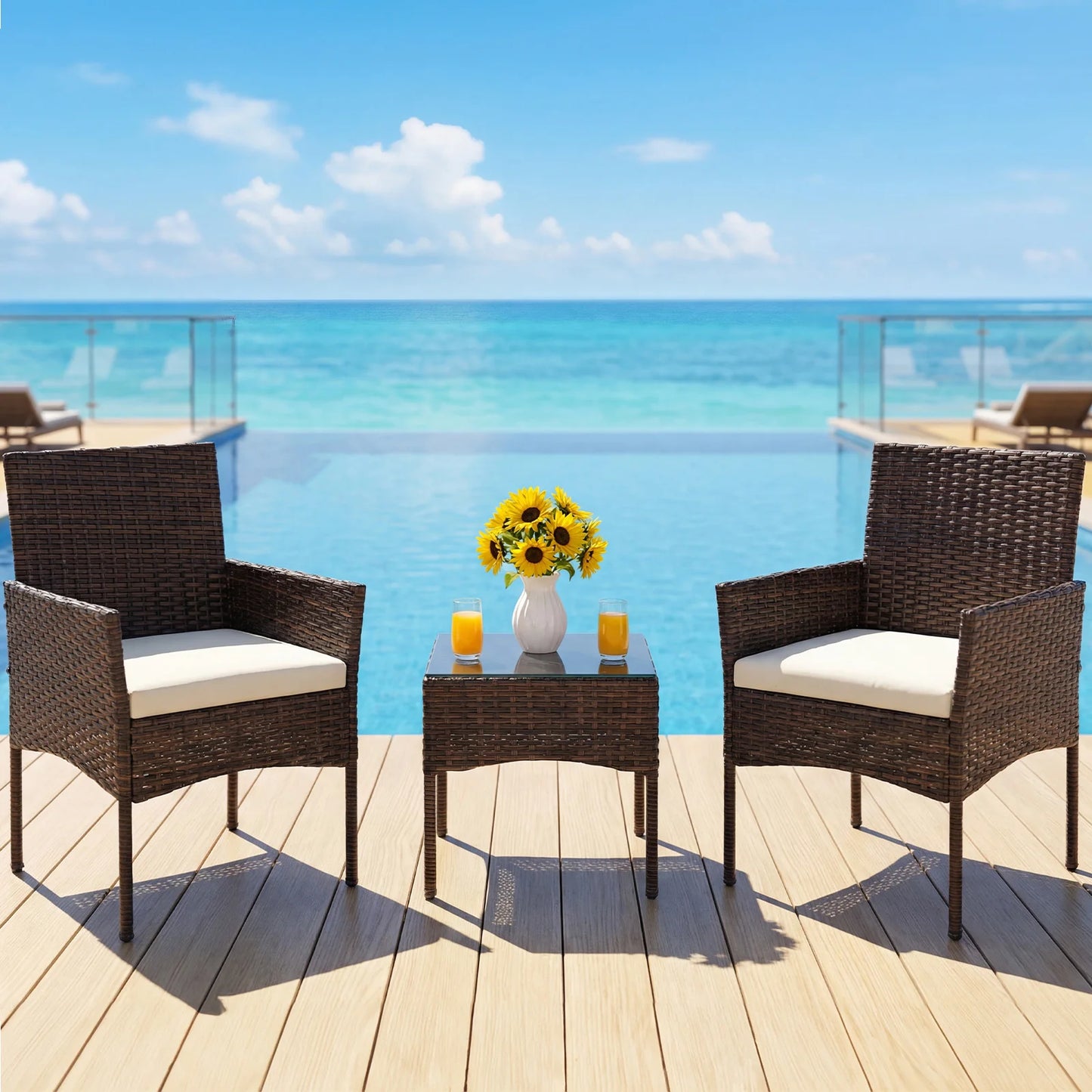 JHK Outdoor Patio Set All-Weather Wicker Bistro With Glass Table
