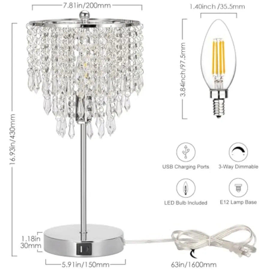 Crystal Table Lamp With USB Ports 3 Way Dimmable Bedside