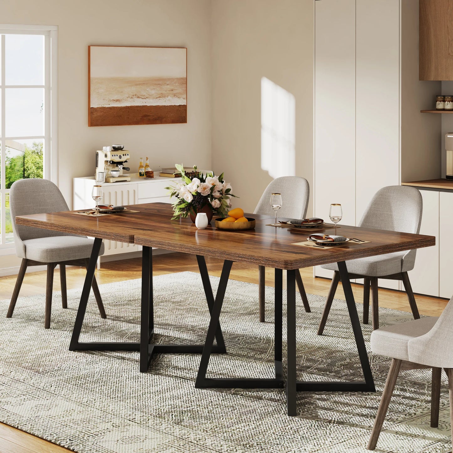 Tribesigns Square Industrial Dining Table Wood Metal Base Kitchen Furniture, No Chairs