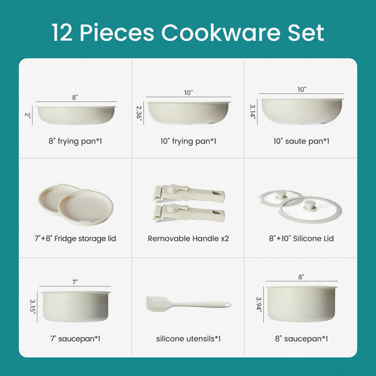 JHK 12 Pcs Pots and Pans Set Nonstick Kitchen Cookware Set Induction Cooking Sets Detachable Handle For Kitchen Dining