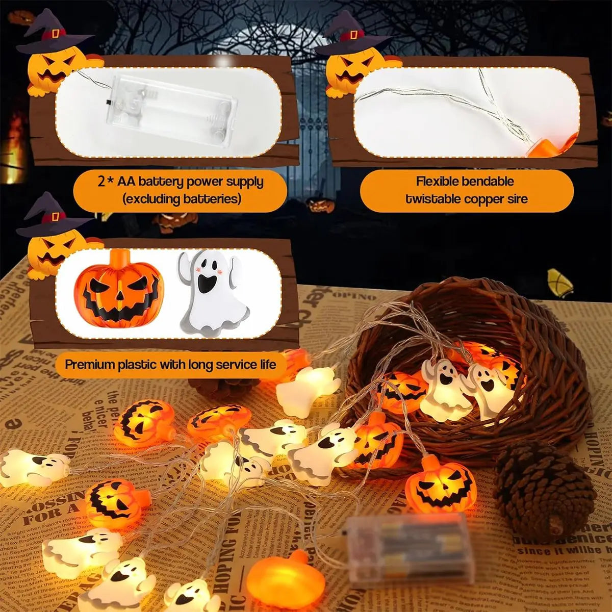 1pc 10/20 LED Halloween Single Layer Pumpkin & Ghost String Light Battery Powered For Home Garden Holiday Halloween Party Decor