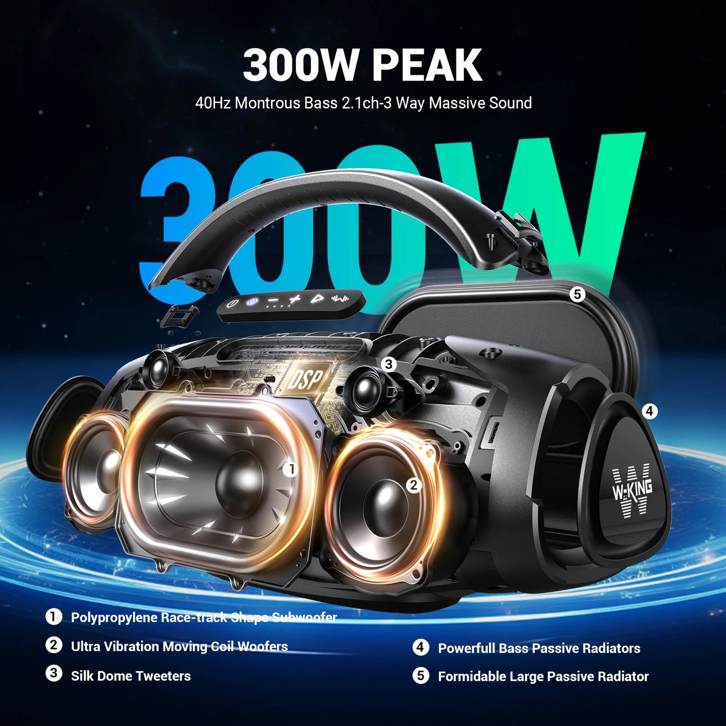 W-King X20 200W RMS Portable Bluetooth Speaker With Massive Bass