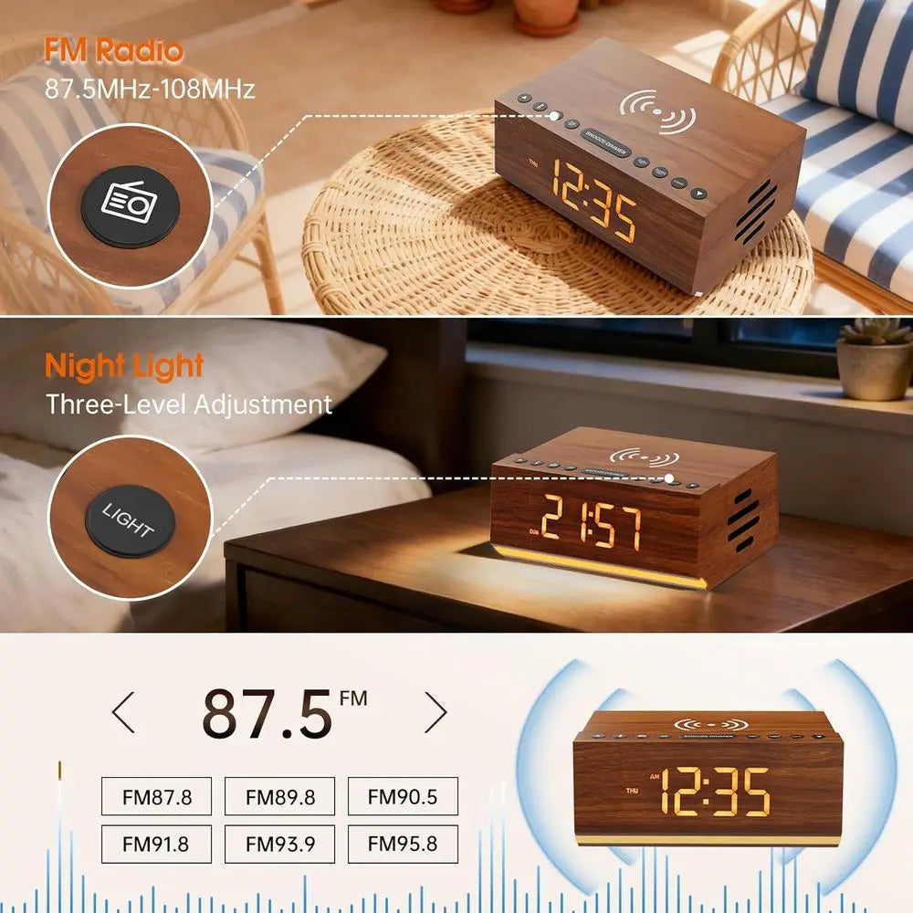 Bluetooth Digital Alarm Clock With Wireless Charging And FM Radio
