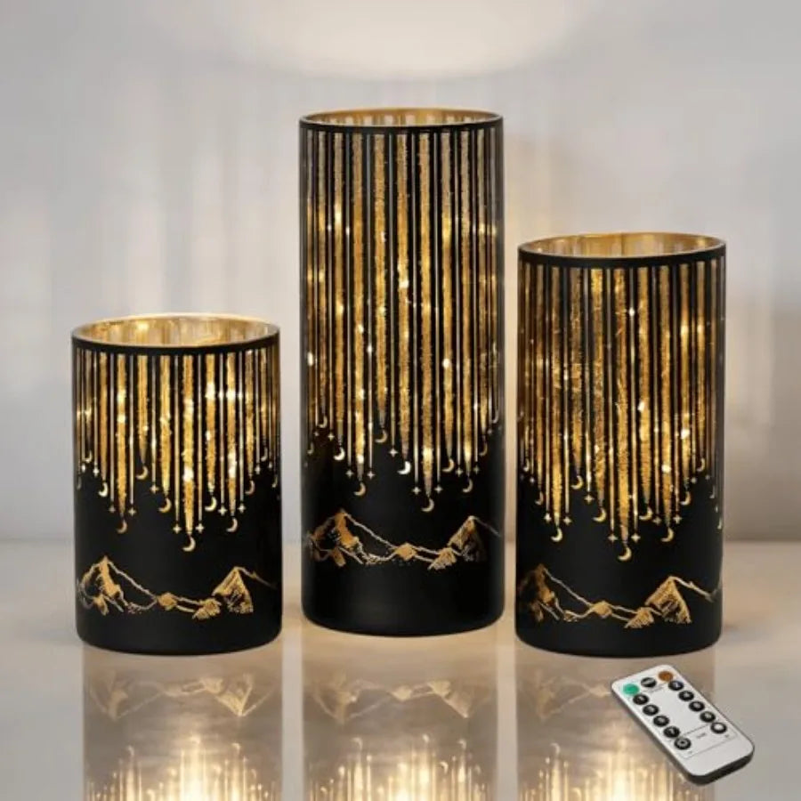 Illuminated Starry Night Hurricane Candle Holders Set 3 With LED Lights Remote